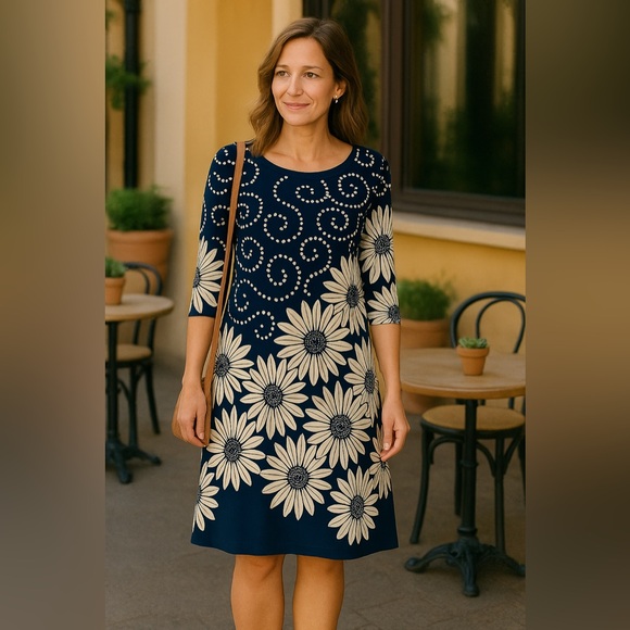 Floral Print Navy Dress – Versatile Day to Night Style Midi Dress NWT L #2119 - Picture 1 of 8